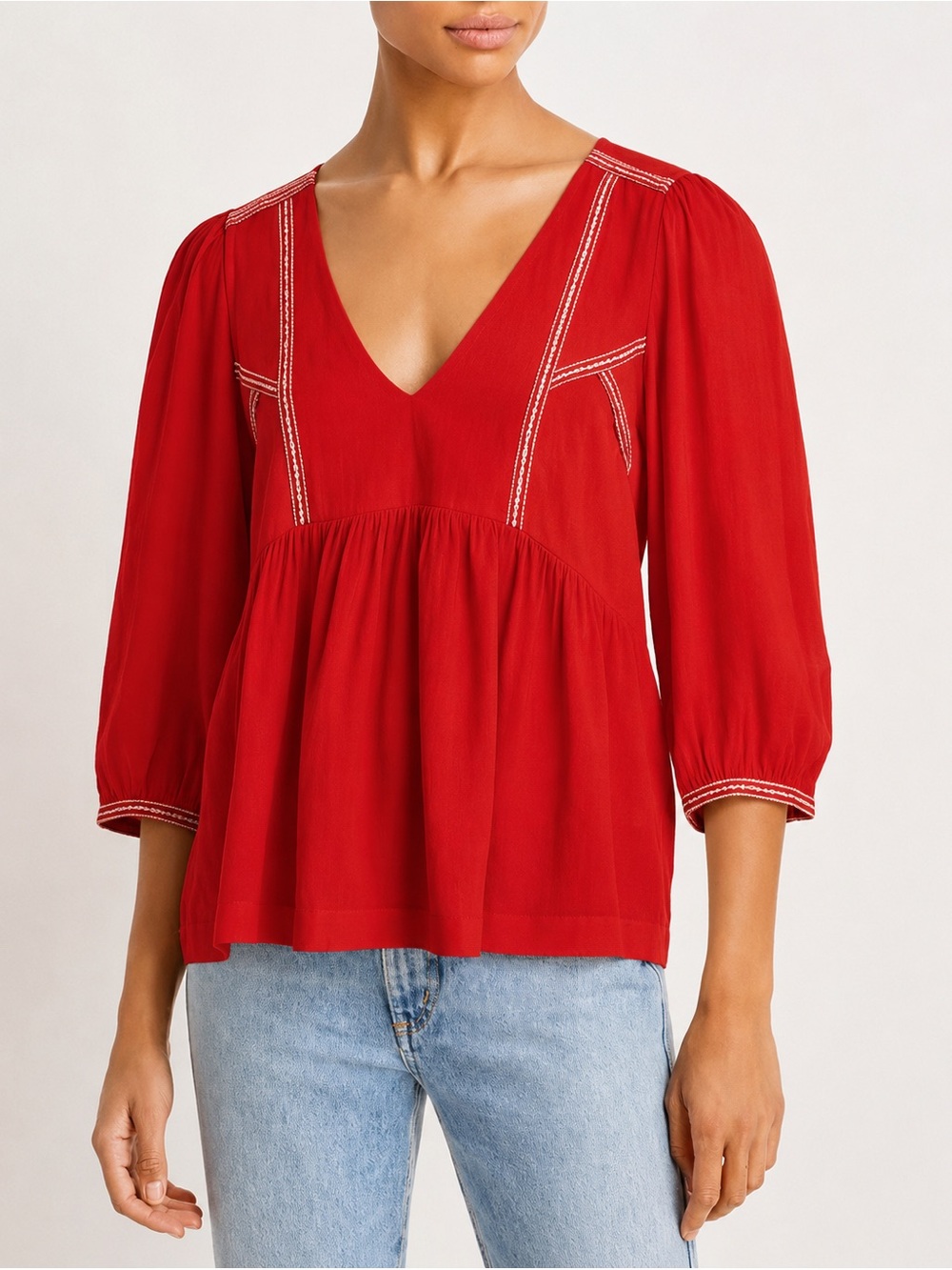 ba&sh Amber Embroidered Empire Waist Top Red V-Neck Peasant Tunic Top Size Small
